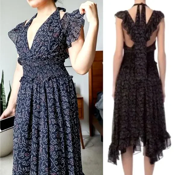 Ulla Johnson 4 Aviva 100% Silk Ruffle Midi Dress Backless Romantic Maxi Black - Picture 13 of 14